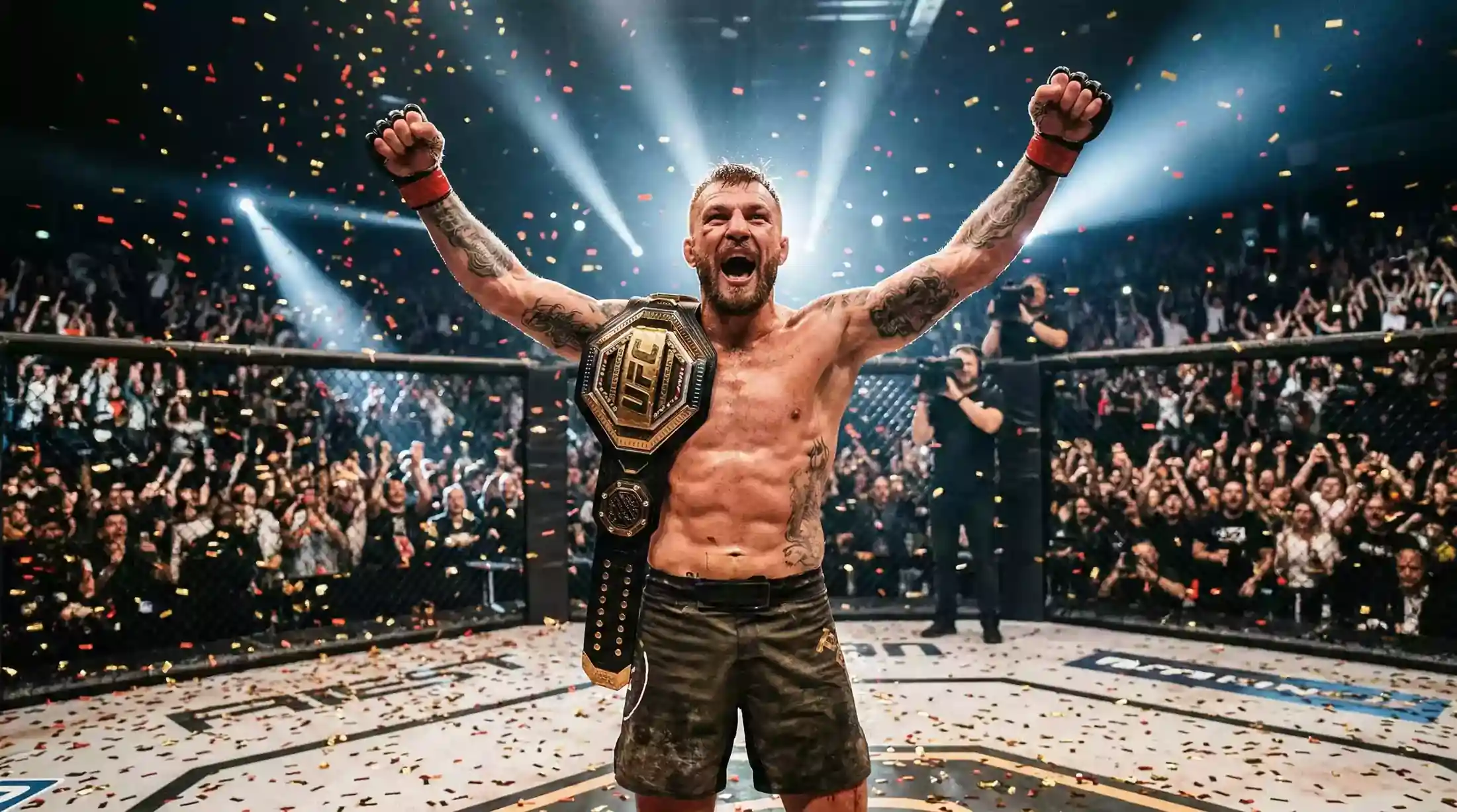 Luchador de MMA de peso pluma celebrando una victoria con el cinturón de campeón en el octágono