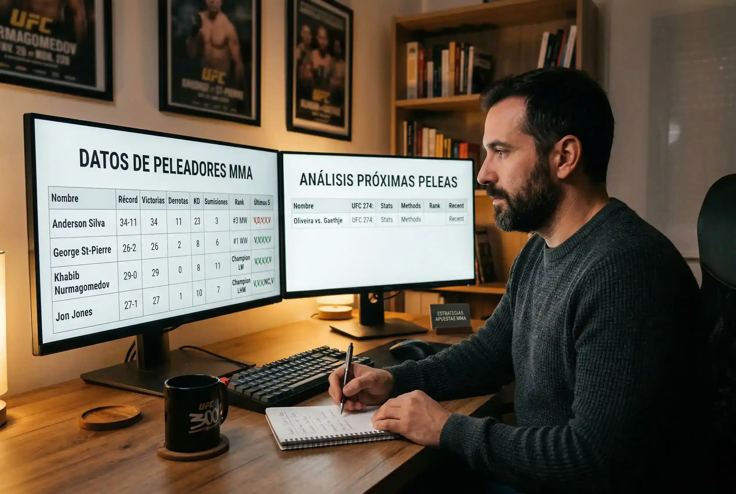 Analista estudiando estadísticas de luchadores de MMA en un escritorio con pantallas